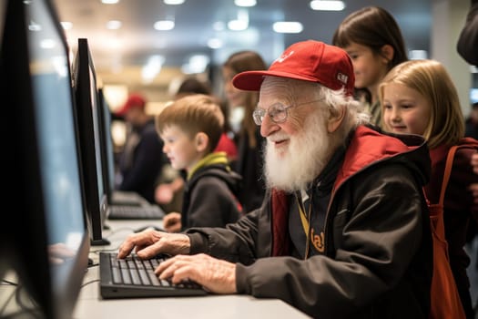 Senior employee working on computer in an internet cafe. Generative AI.