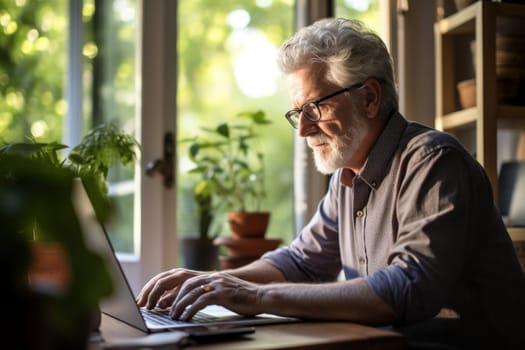 Senior man working on a laptop in a natural setting. Generative AI.