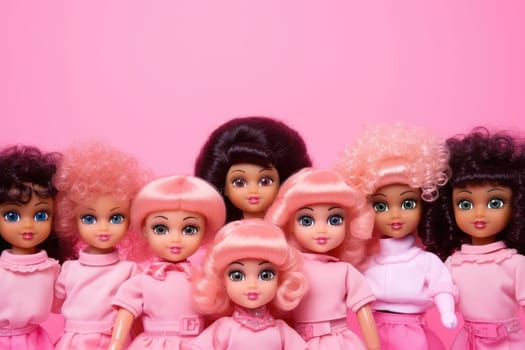 Group of diverse trendy plastic dolls in pink outfits on minimal pink background. 2023 trendy cult toys. High quality photo