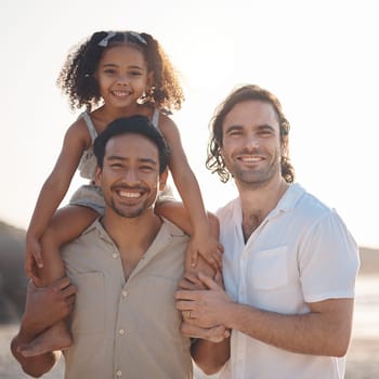 Gay couple, portrait and smile with family at beach for seaside holiday, support and travel. Summer, vacation and love with men and child in nature for lgbtq, happiness and bonding together.