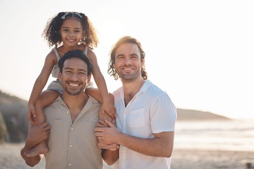 Gay couple, portrait and piggyback with family at beach for seaside holiday, support and travel mockup. Summer, vacation and love with men and child in nature for lgbtq, happy and bonding together.