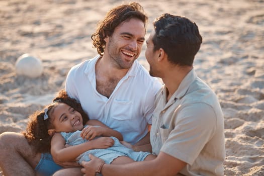 Gay couple, relax and laughing with family at beach for seaside holiday, support and travel. Summer, vacation and love with men and child in nature for lgbtq, happiness and bonding together.