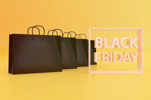 3d illustration. black friday shopping bags 0n yewllow background . Copy space for text