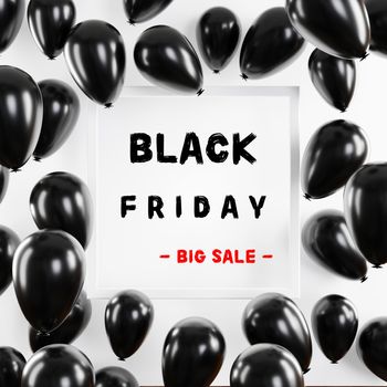 Black Friday Big sale concept, shiny golden balloons flyer with white square frame banner creative template on white background, 3D rendering illustration