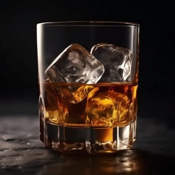 Glass of elegant whiskey with ice cubes on a bar counter with dark moody atmosphere. Drink art concept.