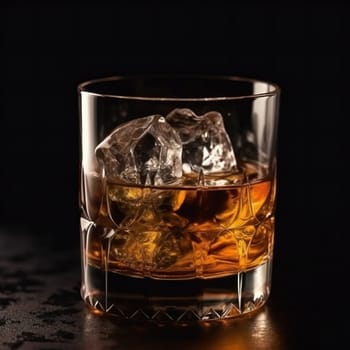 Glass of elegant whiskey with ice cubes on a bar counter with dark moody atmosphere. Drink art concept.