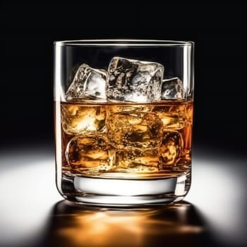 Glass of elegant whiskey with ice cubes on a bar counter with dark moody atmosphere. Drink art concept.