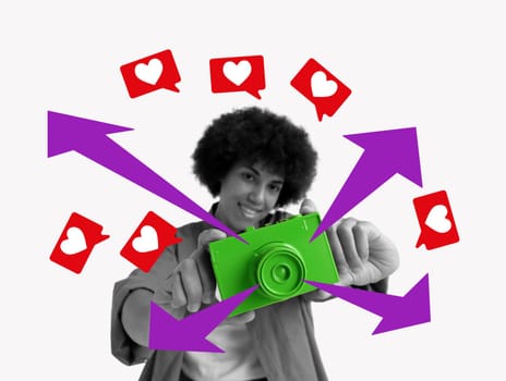 Collage where a young woman is holding a camera and hearts. Influencer Marketing concept.