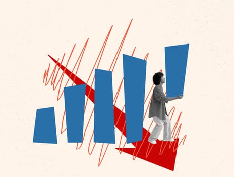Collage with a woman and a graph. Fighting recession and problems with personal savings.