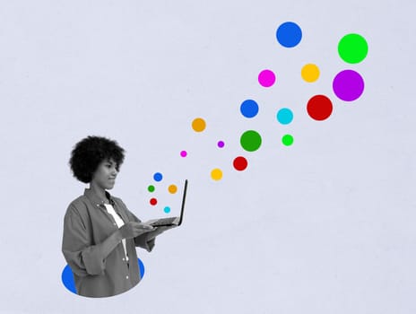 Collage with a woman working on a laptop and colorful circles as a symbol of new ideas and creativity in blogging.