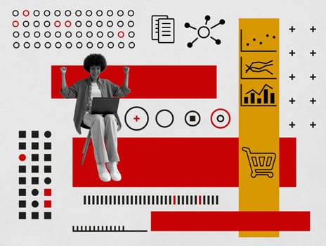 Modern Collage with a joyful woman working on a laptop. Digital marketing concept.
