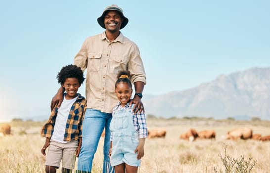 Family, portrait and people with animals in nature on holiday, travel and adventure in safari. African man and kids outdoor on a field in countryside with a smile on farm trip in Africa with freedom.