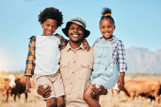 Portrait, father and children on animal farm outdoor with cattle, sustainability and family. African man and kids on field for farmer adventure or holiday in countryside Africa for travel holiday.