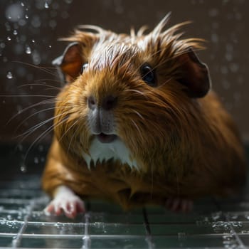 Funny guinea pig black takes a bath. Rodent care concept. Clean and hygiene.