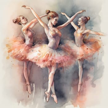Beautiful women with hair up in elegant white dress against delicate background of pastel shades. watercolor illustration of dancing ballet movement.