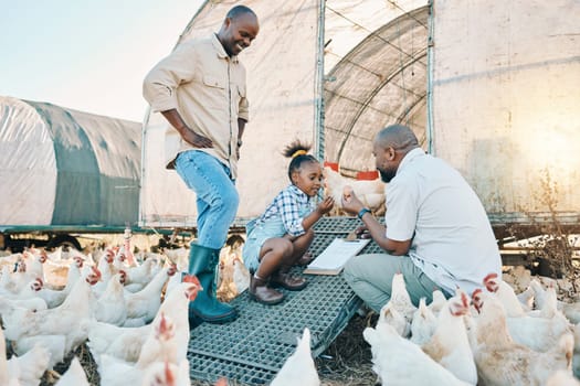 Egg, checklist and chicken with black family on farm for agriculture, environment and bonding. Relax, monitor and love with men and child farmer on countryside field for health, care and animals.
