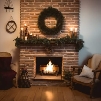 Christmas living room. decoration of fire place