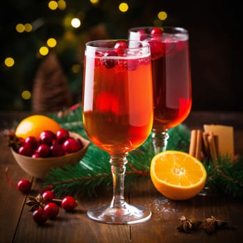 Refreshing drink with cranberries and lemon on dark stone background. Christmas cocktail.