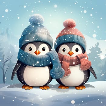 two cute love pinguins in freez winter cartoon 3d illustration.