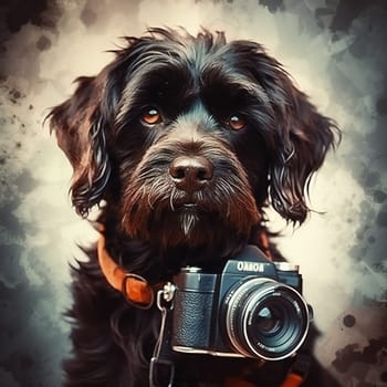 Cute dog with a camera. Hipster. Photographer Portrait