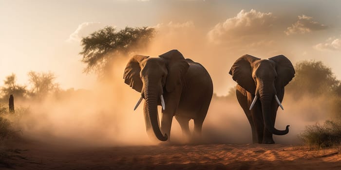 Pair of elephants wandering through the steppe in dusty weather , generative AI