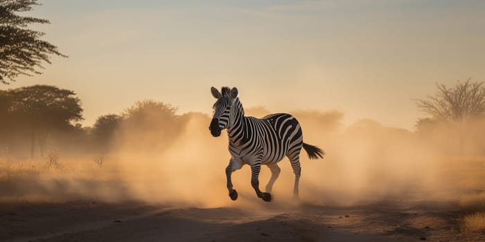 Zebra running through the steppe,close-up view in dusty weather , generative AI
