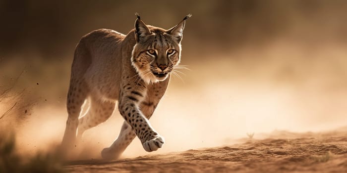 Lynx running through the steppe,close-up view in dusty weather , generative AI