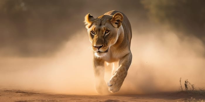 Lioness hunting in the steppe,close-up view in dusty weather , generative AI