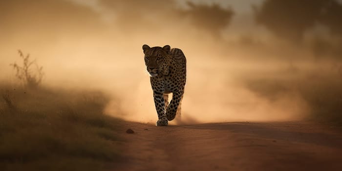 Leopard wandering through the steppe,close-up in dusty weather , generative AI