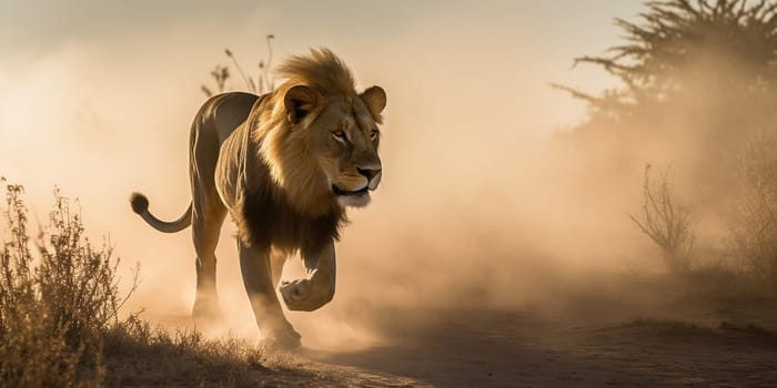 Lion wandering through the steppe,close-up in dusty weather , generative AI