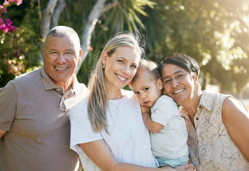 Portrait of baby, mom or grandparents in park for bonding with love, support or care in retirement. Grandfather, child or face of mature grandma with smile on a happy family holiday vacation to relax.