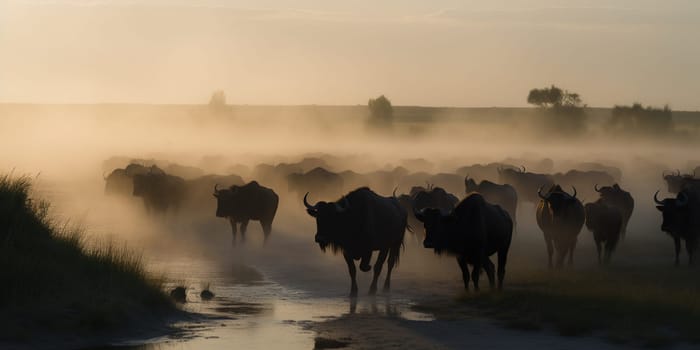 Group of buffalos wandering through the steppe in dusty weather , generative AI