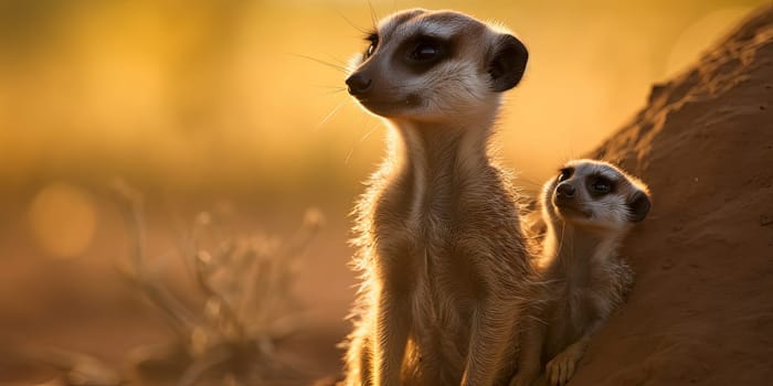 Adult meerkat with baby looking in distance, close-up shot blurred background , generative AI