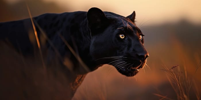 Panther wandering through the steppe, close-up shot blurry background , generative AI
