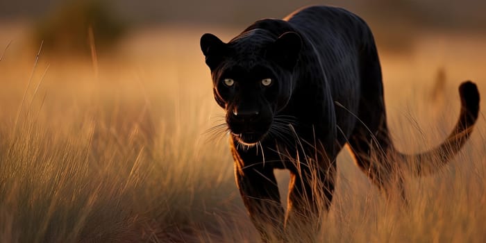 Panther wandering through the steppe, close-up shot blurry background , generative AI