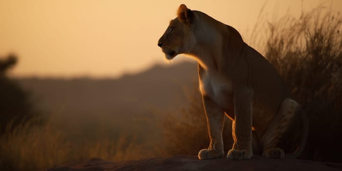 Lioness sitting and looking at distance,close-up view blurry background , generative AI