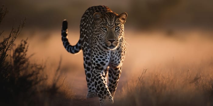 Leopard wandering through the steppe,close-up view blurry background , generative AI