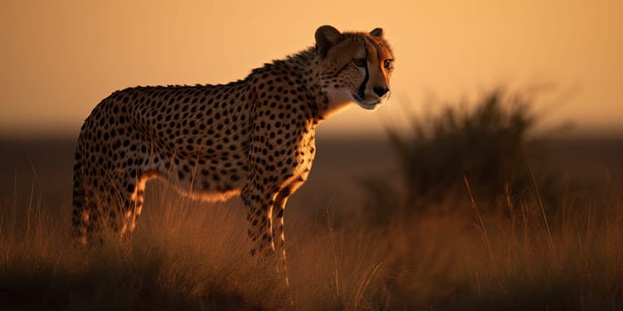 Cheetah wandering through the steppe,close-up view blurry background , generative AI