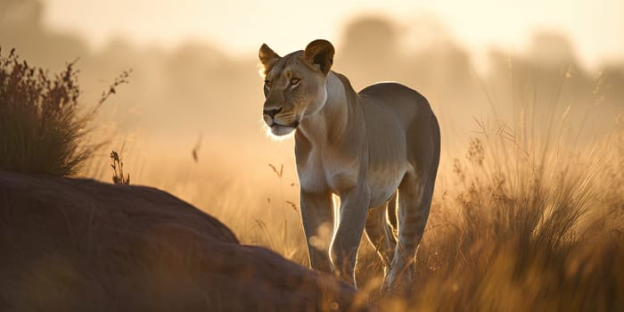 Lioness wandering through the steppe,close-up view in dusty weather , generative AI