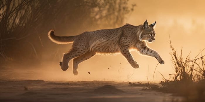 Lynx is jumping forward in the steppe in dusty weather , generative AI