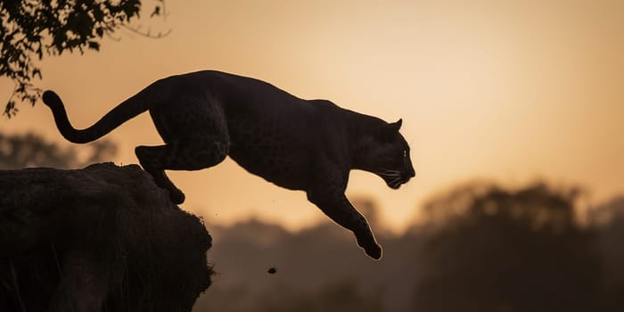 Silhouette of leopard jumping forward in the steppe,close-up view blurry background , generative AI