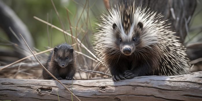 Adult porcupine with baby looking at camera in the forest, blurry background , generative AI