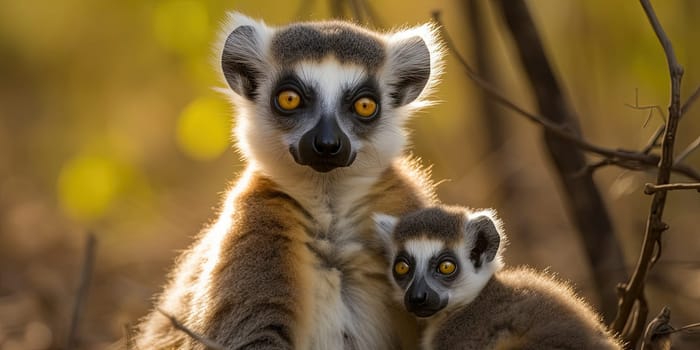 Adult lemur with baby looking at camera in the forest, blurry background , generative AI