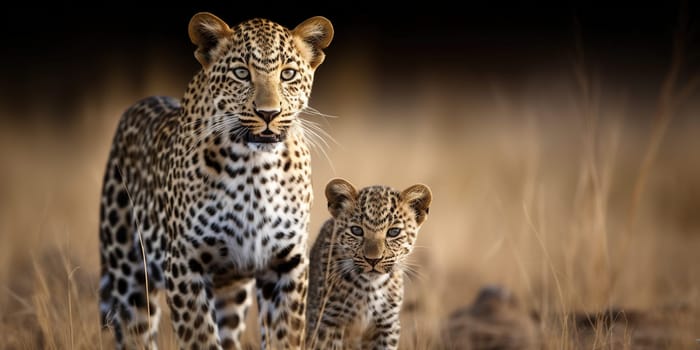 Adult leopard with baby looking at distance in the steppe,close-up view blurry background , generative AI