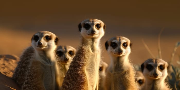 Group of meerkats looking at distance in the steppe,close-up view blurry background , generative AI