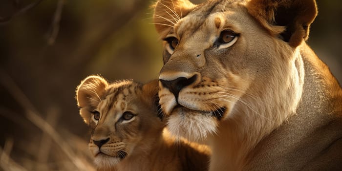 Adult lioness with baby looking at distance in the steppe,close-up view blurry background , generative AI
