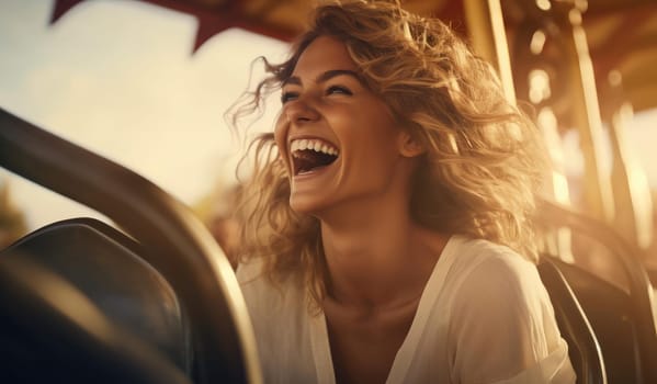 Young woman relaxing in an amusement park. Expressive emotions