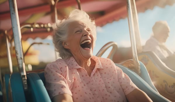 Joyful elderly woman rides in an amusement park. Expressive emotions