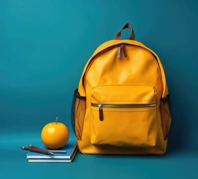 School backpack with books and notebooks on the background of a blue wall