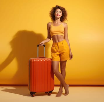 Beautiful young woman with suitcase on vacation